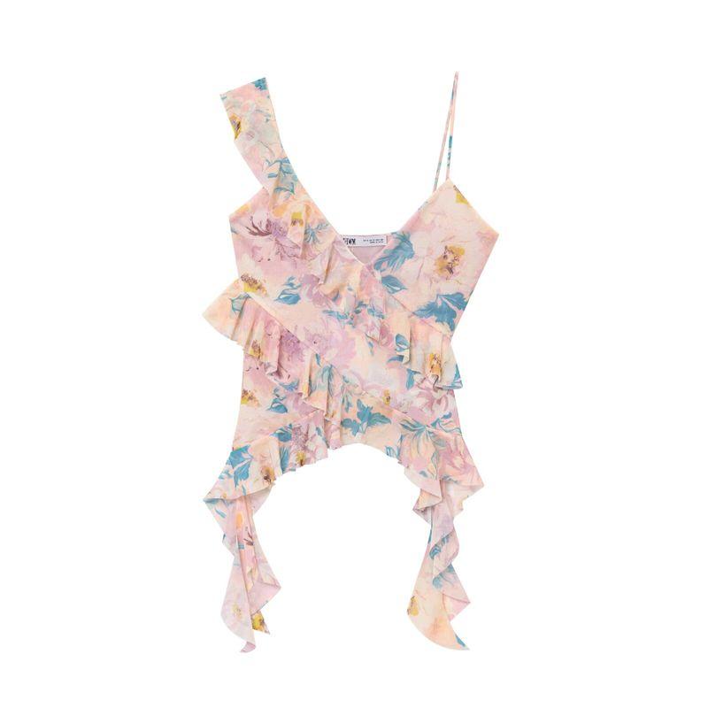 Zbzr Spring New Women Clothes Western Style Fashion Laminated Decoration Print Silk Net Top 50393350