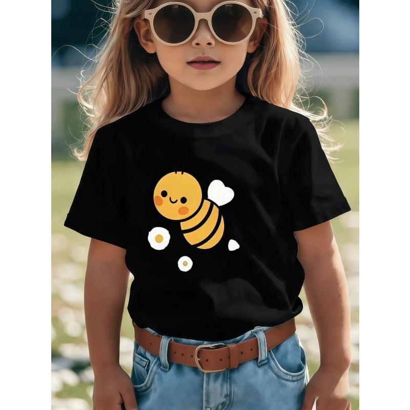 European Sizes Cute Little Bumblebee Girls' T-shirt, Black and White Striped Cartoon Print with Heart-Shaped Polka Dots