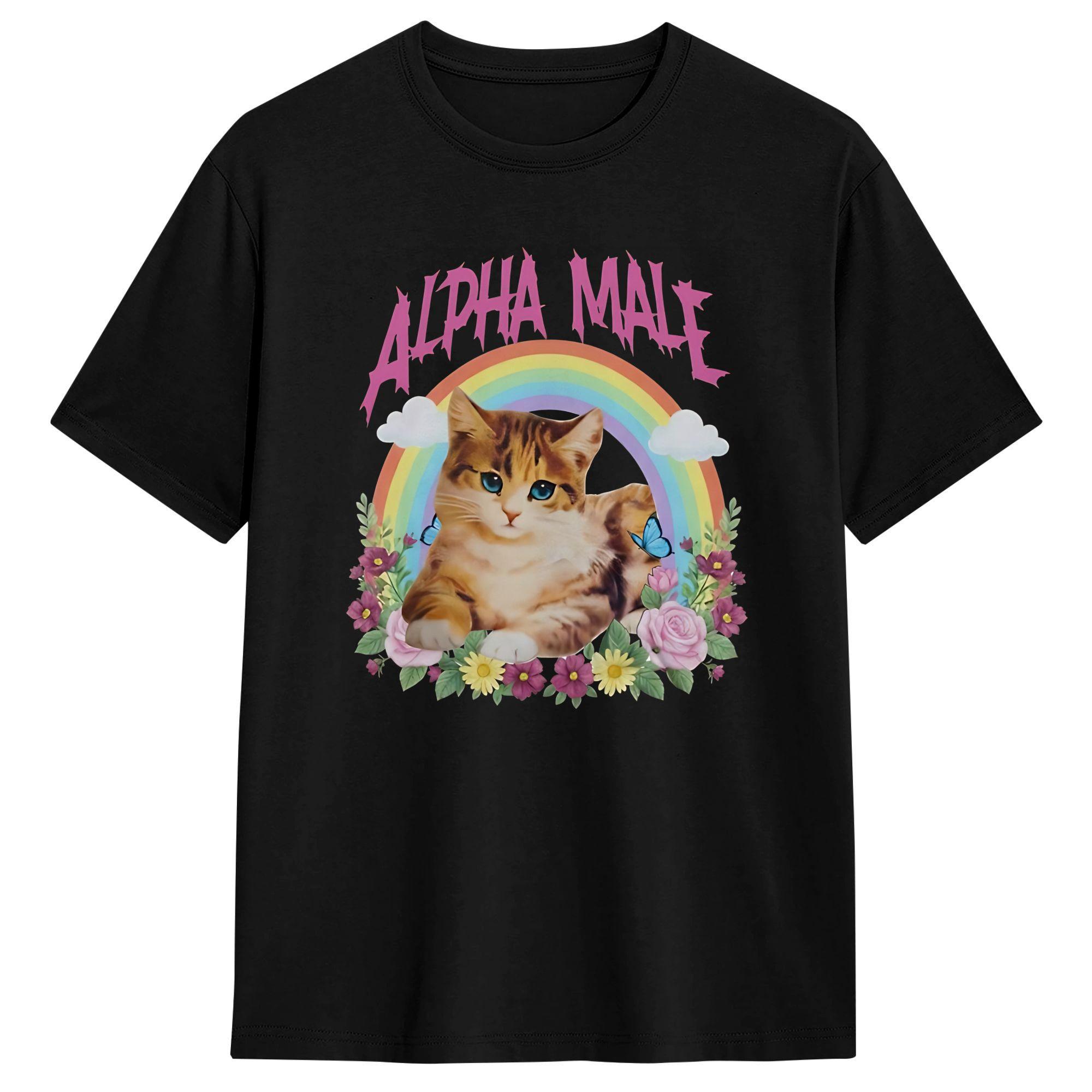 Alpha Male Funny Cat Kitten Rainbow Floral TShirt Summer Cotton T Shirts Adult Casual Tshirt Short Sleeve Street Style Clothes S