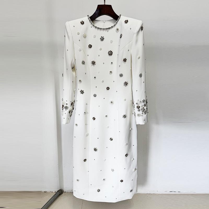 2026 European & American Celebrity Long-Sleeve Evening Gown with Heavy Beading & Rhinestones
