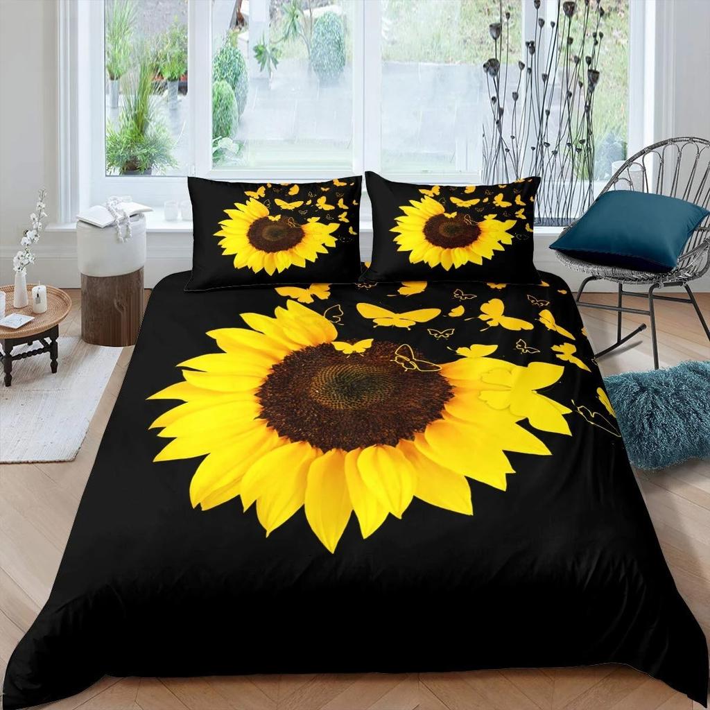 Vintage Sunflowers Duvet Cover Set Letters Bedding Set Letters And Sunflowers Printed Retro Girls Queen Size 2/3pcs Quilt Cover