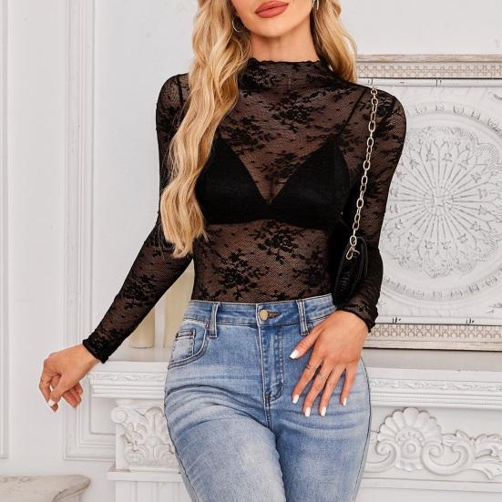 

Women Sheer Mesh Lace Tops Sexy Floral Embroidered Long Sleeve Shirt Bottoming Tops S білий