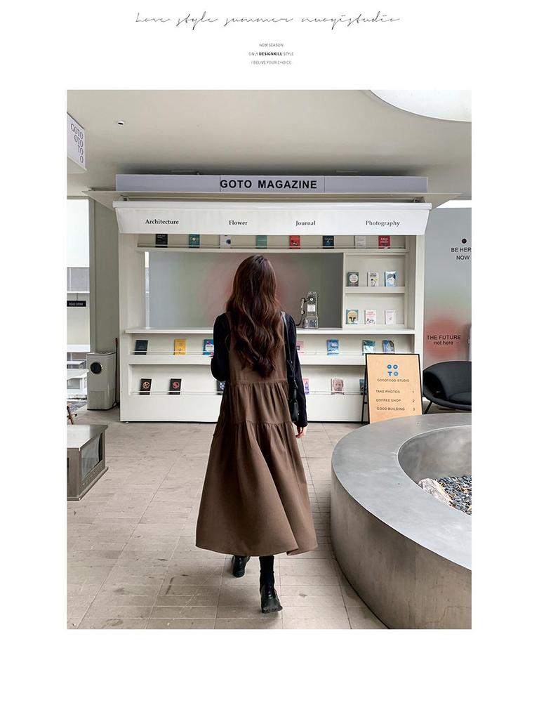 Khaki Faux Two-Piece Spliced A-Line Dress - Women's Mid-Length Spring 2025 French Sweet Style Pinafore Dress