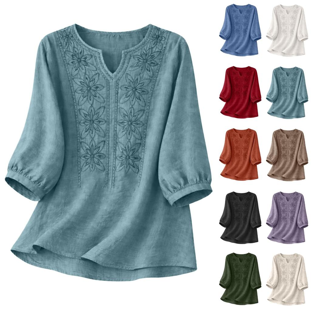 Women's Casual O-Neck Button Down Shirt Color 3/4 Sleeve Hem Split Cotton Blouse