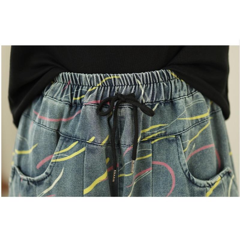 DIMANAF 2026 Summer New Plus Size Women Jeans Elastic Waist Long Pants Print Loose Casual Denim Cotton Trousers