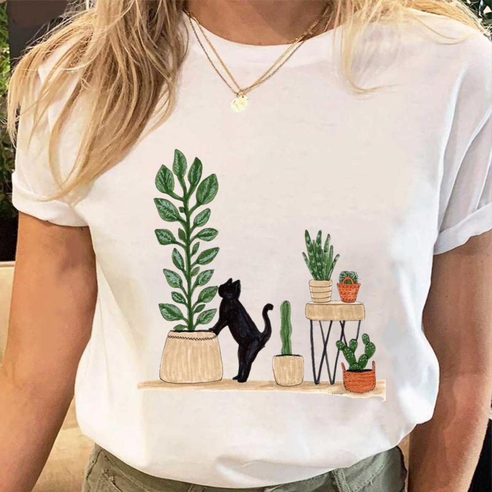 Women Print Tees Tshirt Female Clothes Regular Short Sleeve Tops Cat Simple Cute Print Ladies Fashion Cartoon Graphic T-Shirt
