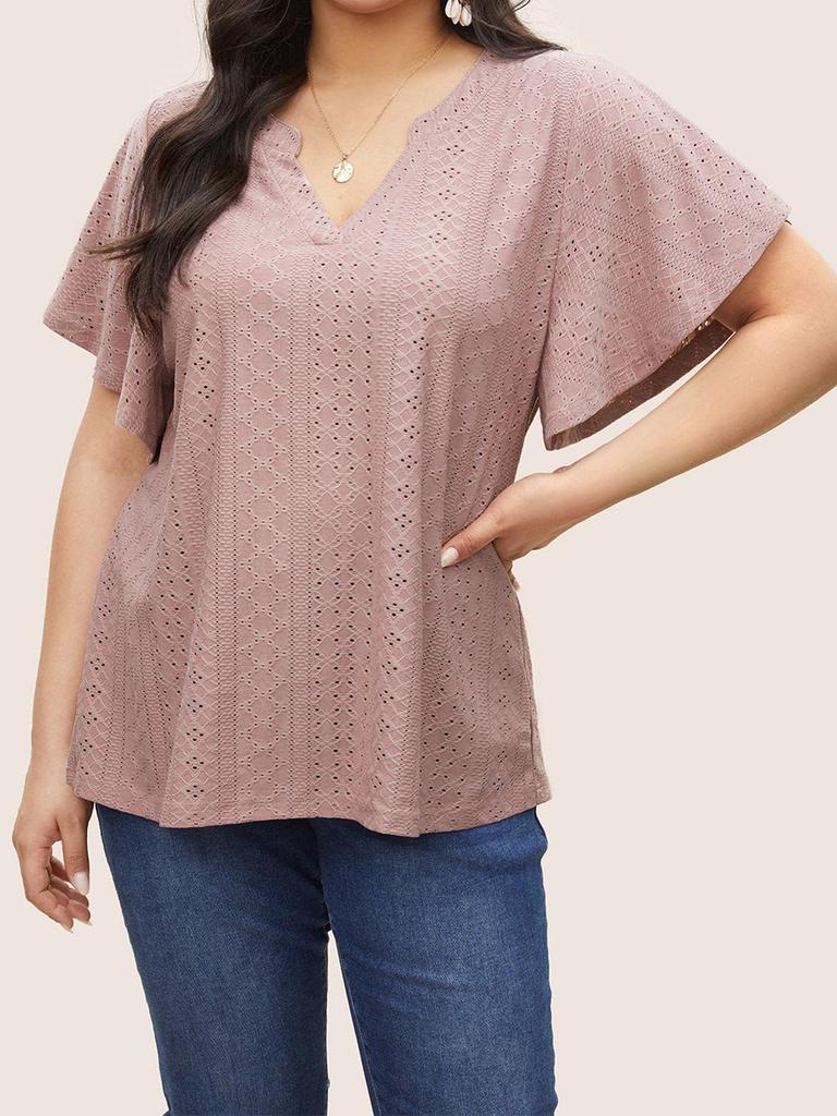 2024 Summer Women's Plus Size V-Neck Batwing Sleeve Hollow Breathable T-Shirt