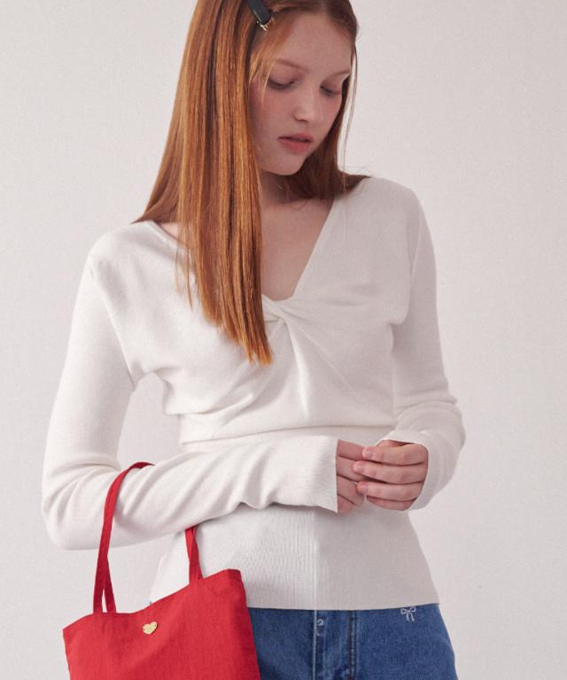 RONRON Knot Ribbon V Neck Knit Ivory