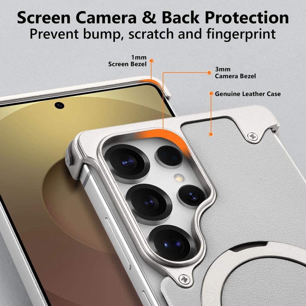 Eary Leather Phone Case for Samsung Galaxy S25 Ultra Magnetic with 360° Rotate Stand Metal Frameless Shockproof Protector Cover