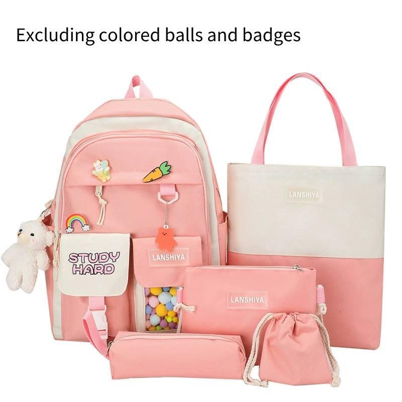 

School Backpack Five Piece Set With Color Blocked Letter Print For Middle School Students рожевий
