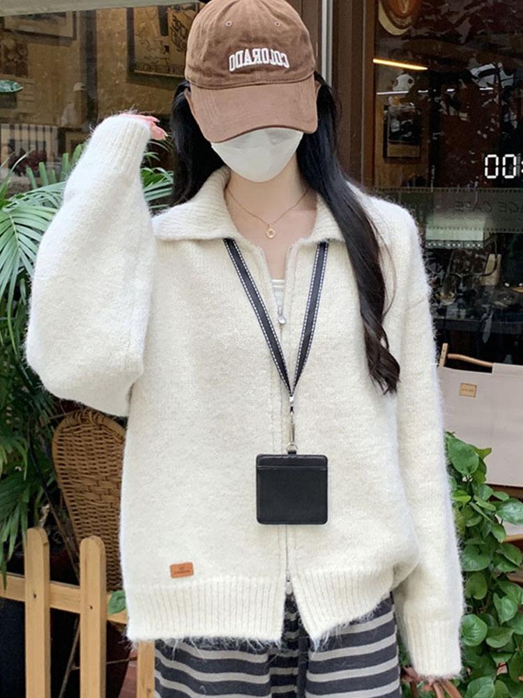 Women's Korean-Style Loose Lapel Double Zipper Sweater Coat - Autumn/Winter 2025 Knitted Cardigan