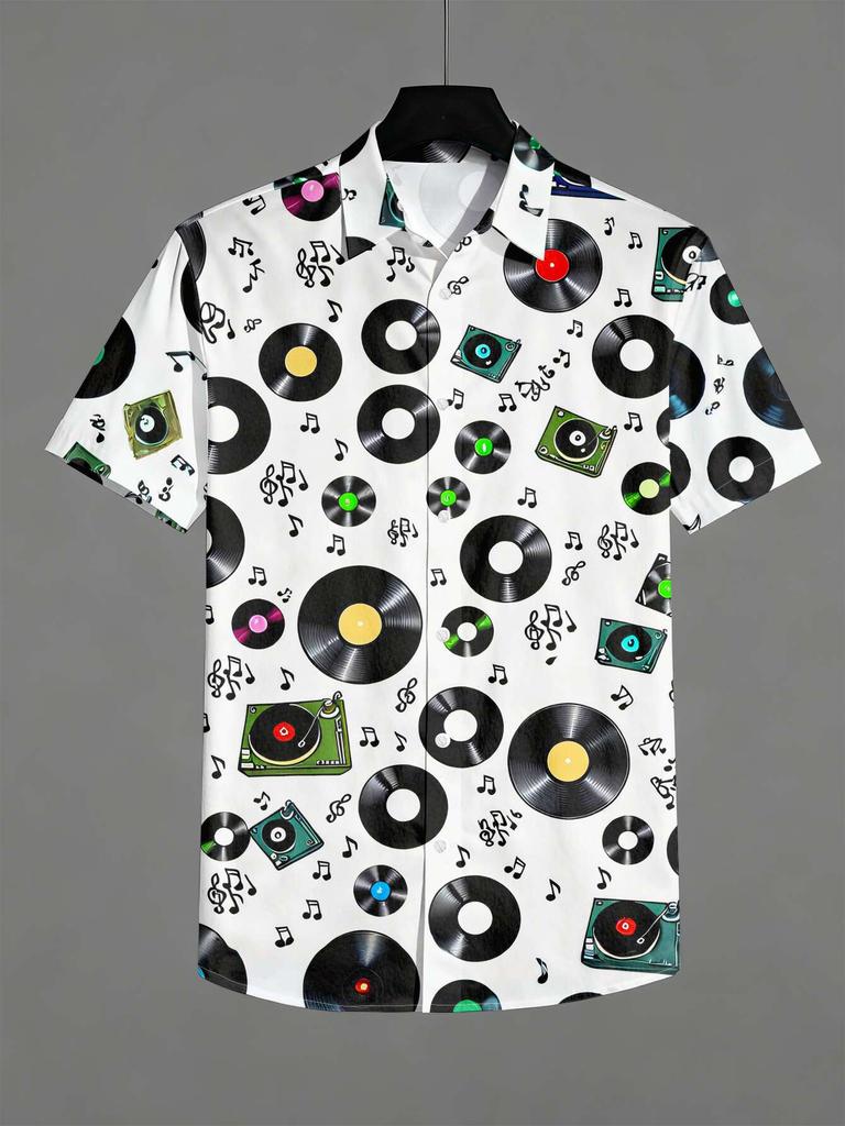 Men'S Collar Short Sleeved Shirt, 3D Printed White Background Vinyl Record Note Pattern Retro Music Style Top