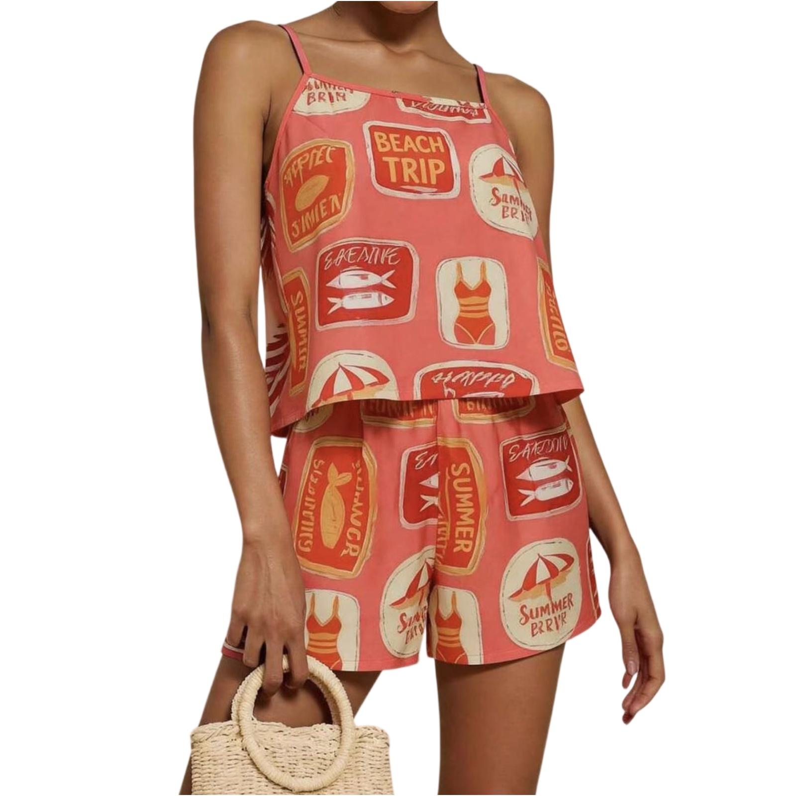 

Women s 2-Piece Fashionable Casual Vintage Print Square Neck Sleeveless Tank Top And Shorts Set L