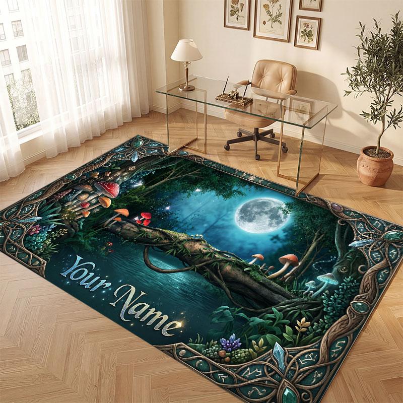 Mushroom Forest Theme Crystal Velvet Floor Rug Personalized Custom Name Text Warm Carpet Home Decoration