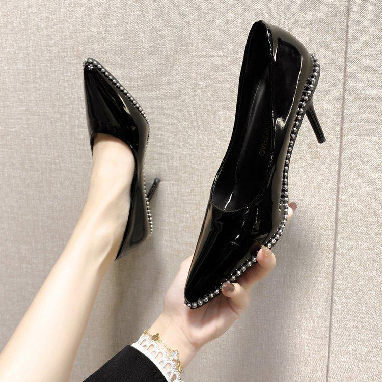 2024 Black Patent Leather Pointed Toe Stiletto Heels for Women 36