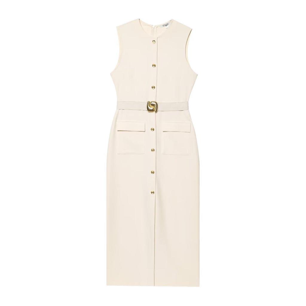 Women's European and American Style Sleeveless Midi Dress with Belt - Sexy Crew Neck for Spring