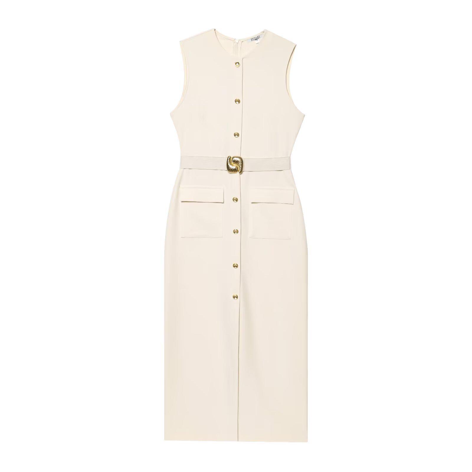 

Women s European and American Style Sleeveless Midi Dress with Belt - Sexy Crew Neck for Spring L бежевий
