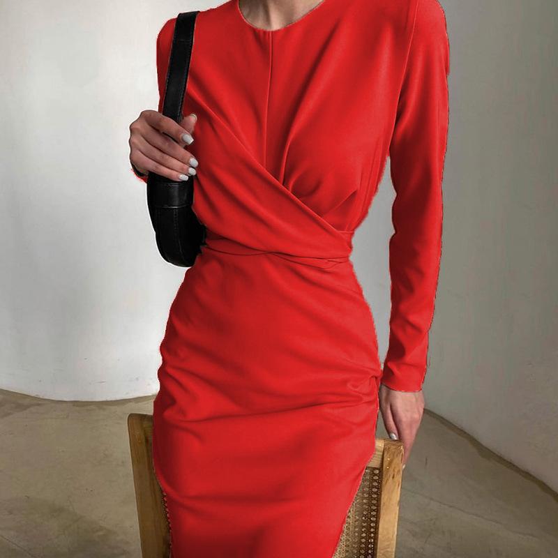 Women s Long Sleeve Round Neck French Retro Slim Long Dress Clothes Sale S
