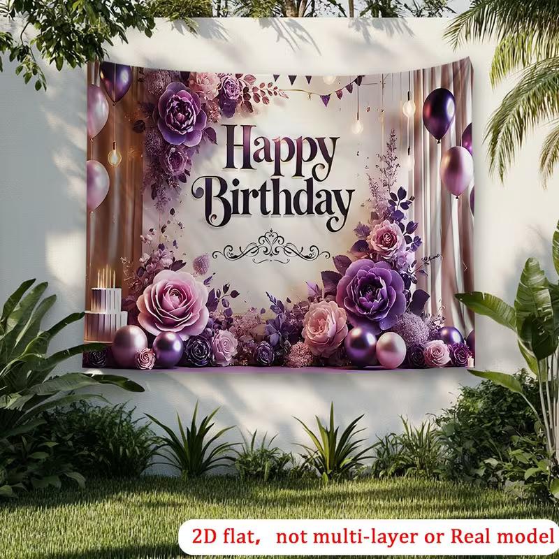 2D Elegant Purple Rose Birthday Backdrop, Luxurious Floral & Balloon Party Background Cloth for Adult Birthday