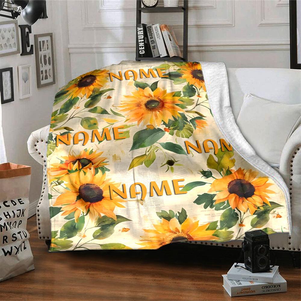Sunflower Floral Pattern With Placeholders On Fabric Gift Personalized Blanket Personalized Name Comfortable Perfect For Sofa Couch Office Bed Picnics