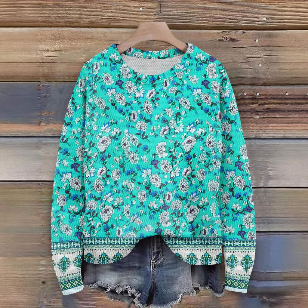 Long Sleeve Pullover Sweaters For Women O Neck Casual Cute Printing Knit Oversized Sweater