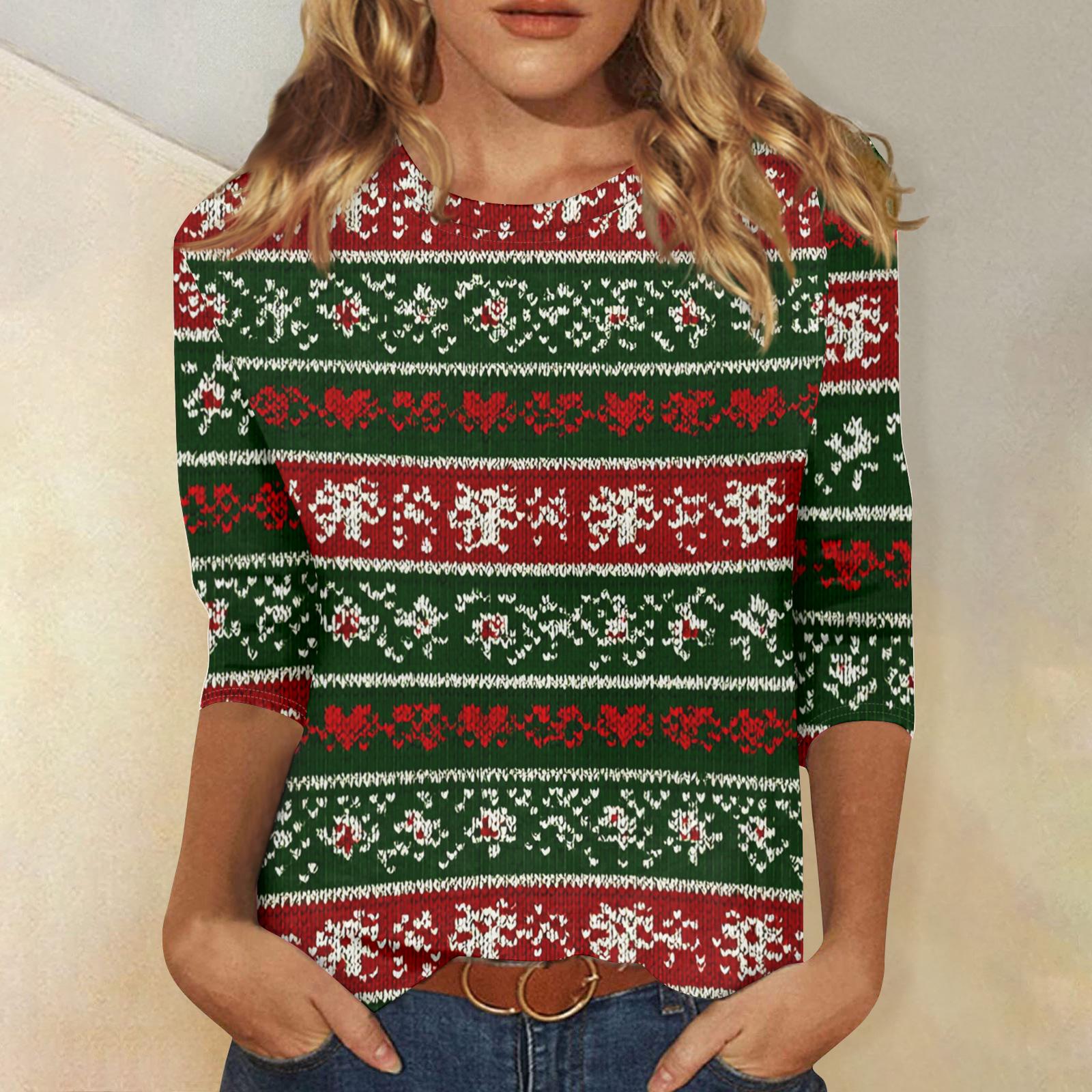 

Женский повседневный модный топ с рукавом три четверти и рождественским принтом L