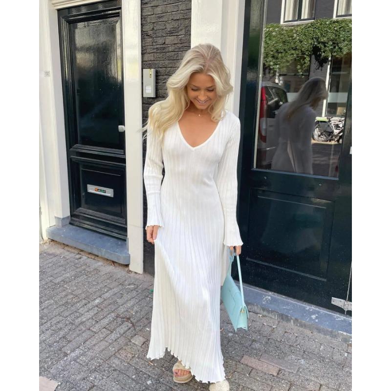 Rib-knit Side Split Maxi Dress Women Solid Color V-neck Slim Fit Robes Autumn Chic Office Lady Commuter Long Dresses