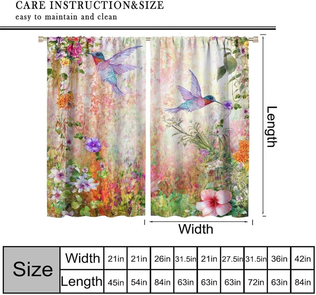 Birds Curtains for Kitchen,Vintage Nature Rustic Forest Plant Flower Colorful Bird Fly Window Treatments Girls Bedroom Living