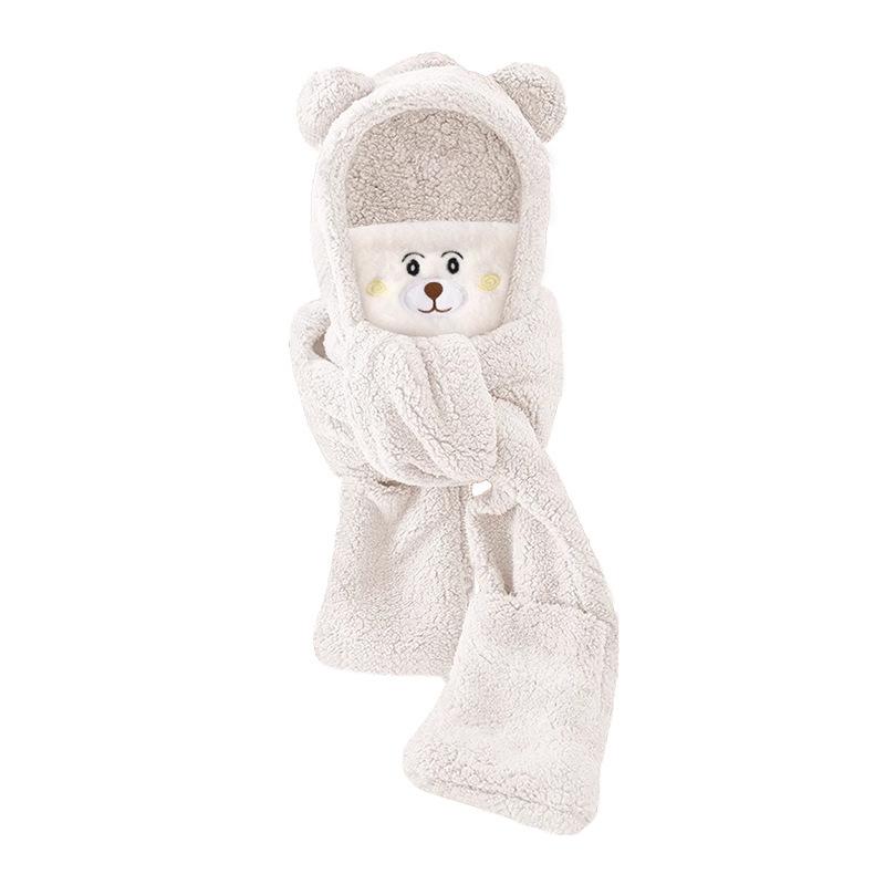 Autumn and winter bear hat, scarf, integrated gloves, plush double-layer thickened multi-functional ear protection, outdoor thermal hat