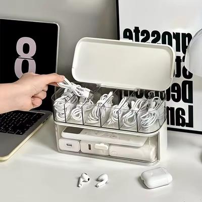 Průhledná stolní organizér box na kabely s víkem Řešení pro ukládání kabelů a nabíječek, Nevyžaduje napájení, Kompaktní design pro domácí úložný prostor
