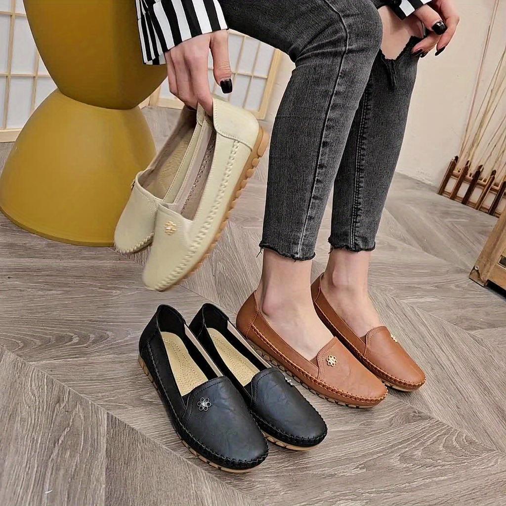 Women's Solid Color Flat Loafers, Casual Slip On Soft Sole Shoes, Lightweight & Comfortable Shoes