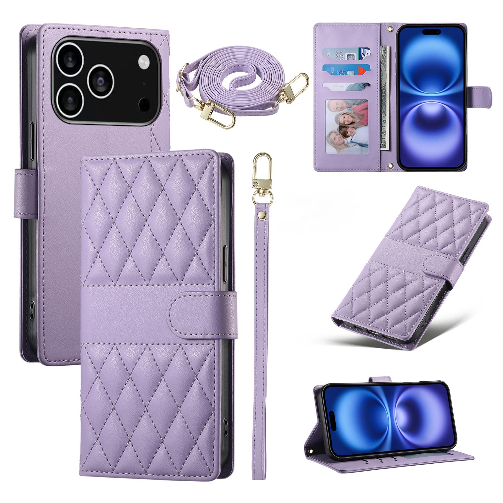 

For iPhone 17 Pro Case Rhombus Stitching Wallet Stand Leather Phone Cover with Long/Short Strap Purple