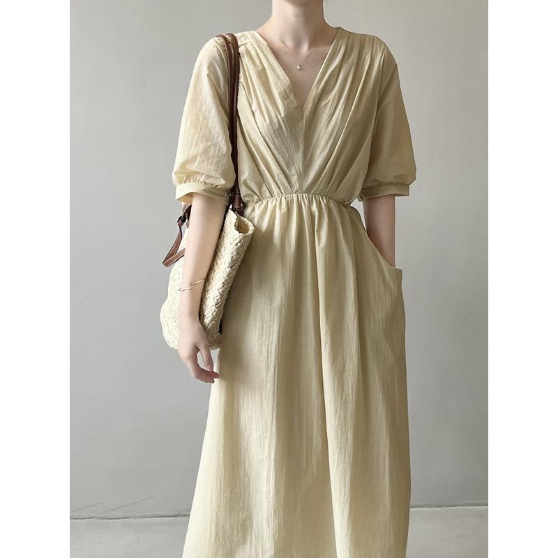 Vintage V-neck Pleated Dress Summer Women's Temperament Tie Waist Mid-length Dress