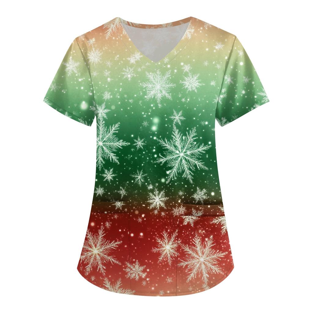 Kadın Sevimli Baskılı İş Kıyafetleri V Yaka Çift Katmanlı Cepler Temel Kısa Kollu Üst Kazak Noel