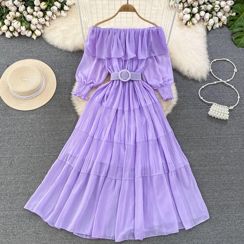 

Off-the-Shoulder Retro Waist-Controlled A- line Pleated Elegance Dress Purple One size