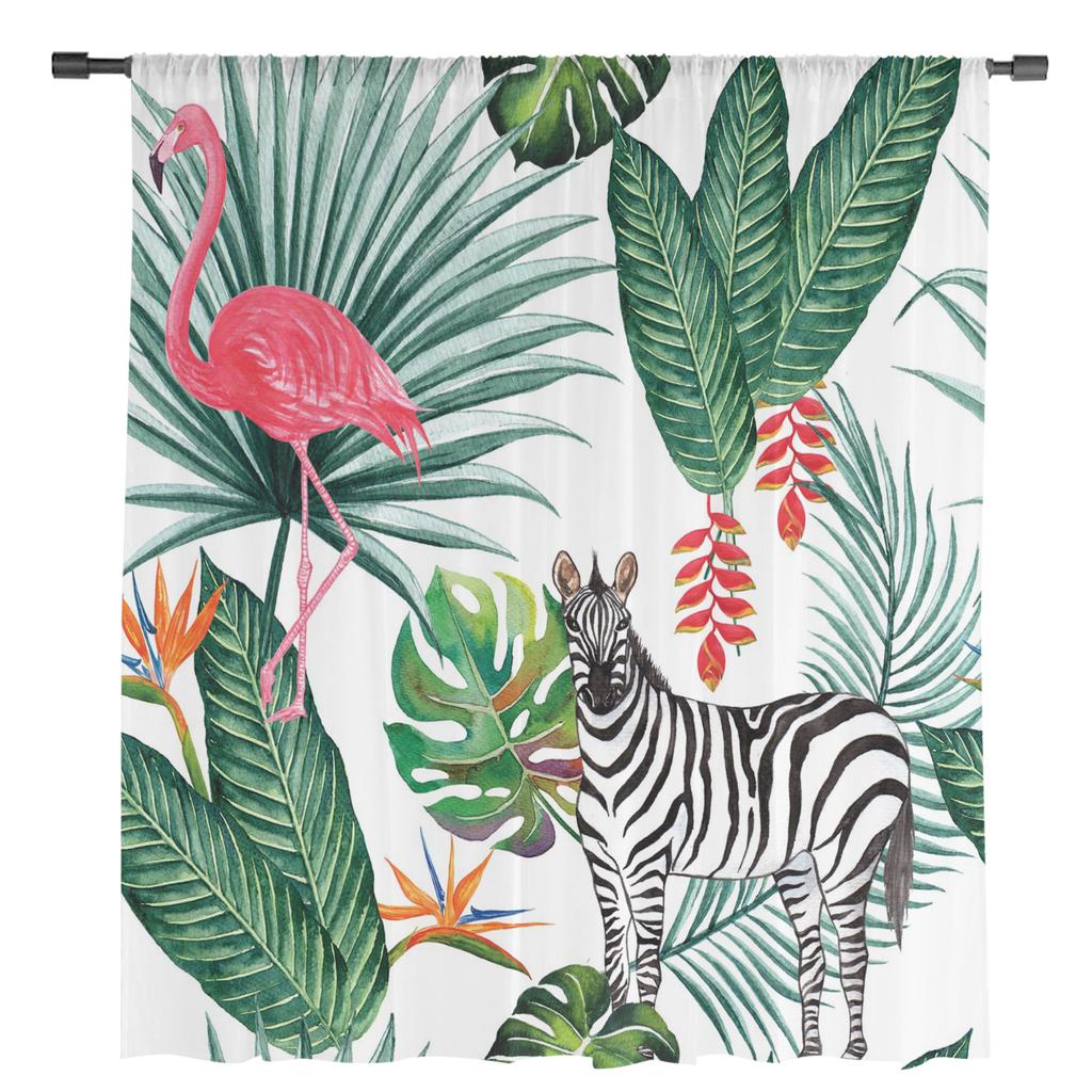 Zebra Flamingo Tropical Plant Jungle Tulle Sheer Window Curtains for Living Room Bedroom Modern Voile Organza Curtains Drapes