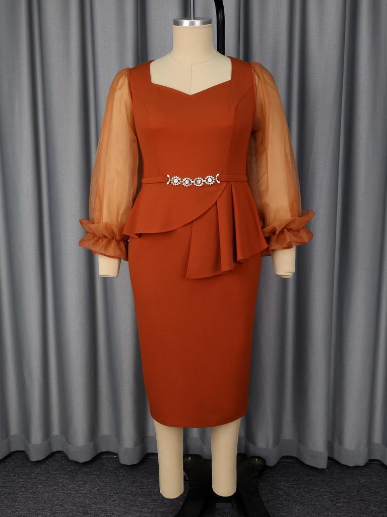 Plus Size Elegant Waist-Cinched Ruffle Dress with See-Through Sleeves - Slimming, Hip-Hugging, Perfect for Formal and Commuting Occasions.