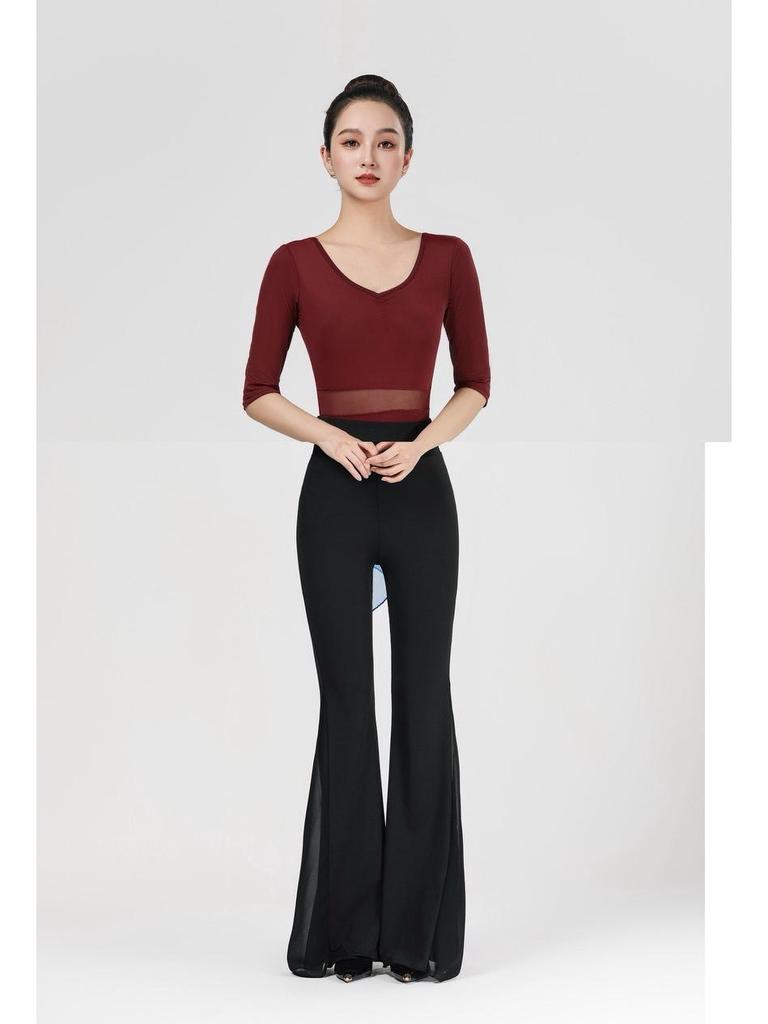 Women's V-Neck Short Sleeve Dance Outfit with Black Flared Pants