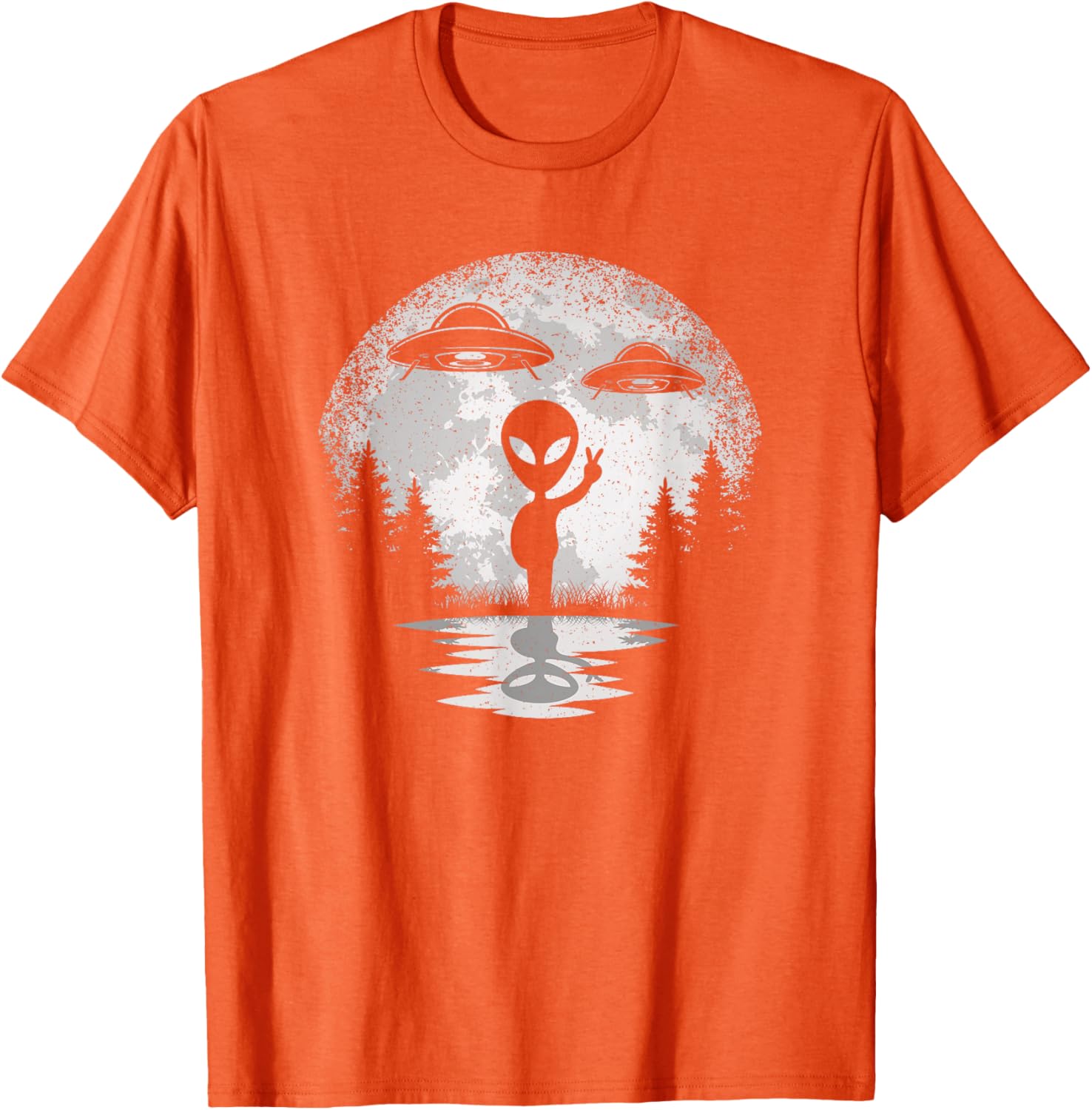 

Alien Peace Sign UFO Moon Forest Silhouette Graphic T-Shirt Men Women Casual Trip Tee 4XL