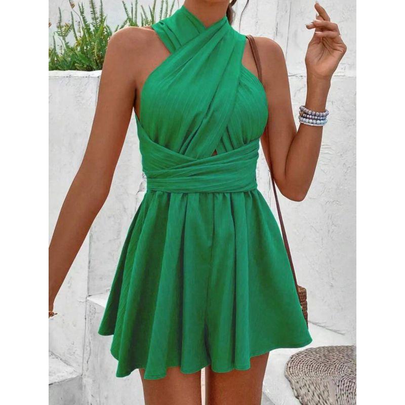 

European and American Summer Women clothes Short Sexy Hanging Neck Sleeve Backless Jumpsuit Sexy Backless Jumpsuit Green XL
