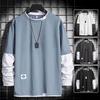 Men Spring T-shirt Fake Two-piece Round Neck Long Sleeves Loose Pullover Keep Warm Contrast Color Friendly To Skin Men Top Men Clothes
