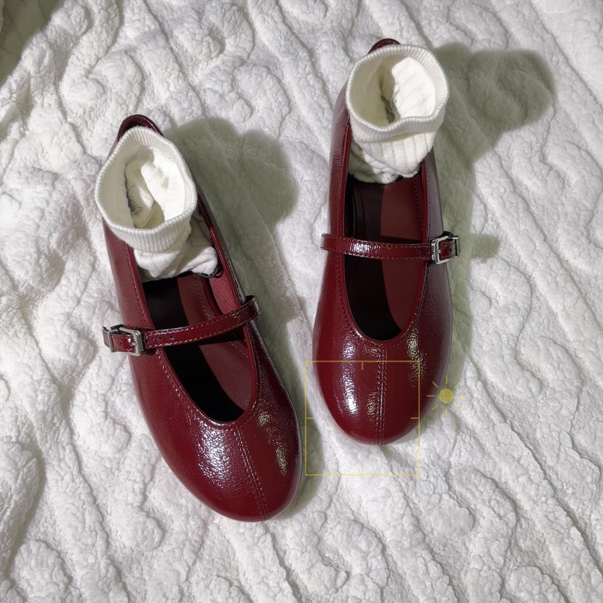 

Leather version za retro round head small red shoes women s flat ballet shoes versatile light mouth Mary Jane shoes women s single shoes 40