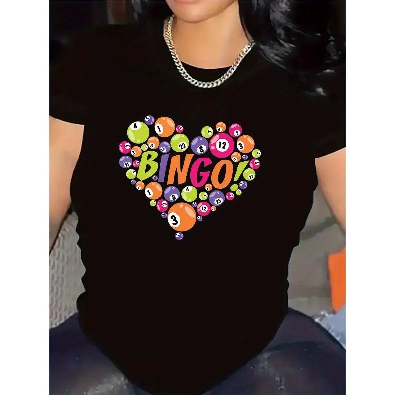 

Colorful Bingo Design Short Sleeve T-Shirt Crew Neck Casual Lightweight Top for Party Game Night Everyday Wear S чёрный