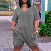 Plus Size Womens Casual V Neck Pockets Short Sleeve Jumpsuits Wide Shorts Rompers (S-5XL)
