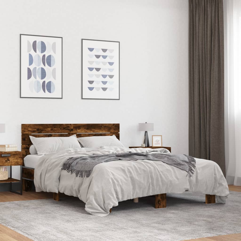Bed Frame Smoked Oak 140 X 200 Cm Wood Based Material and Metal
