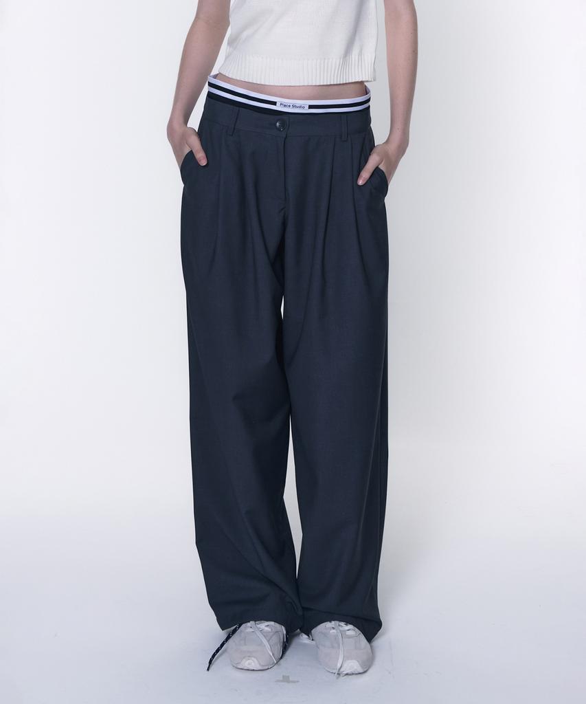 PLACE STUDIO Pintuck Banding Layered Low-Rise Wide Slacks Pants [Gray]