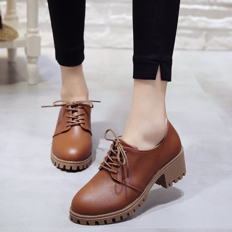 Small leather shoes women's spring and autumn 2025 new round head lace-up high-heeled single shoes women's thick-heeled waterproof table British s