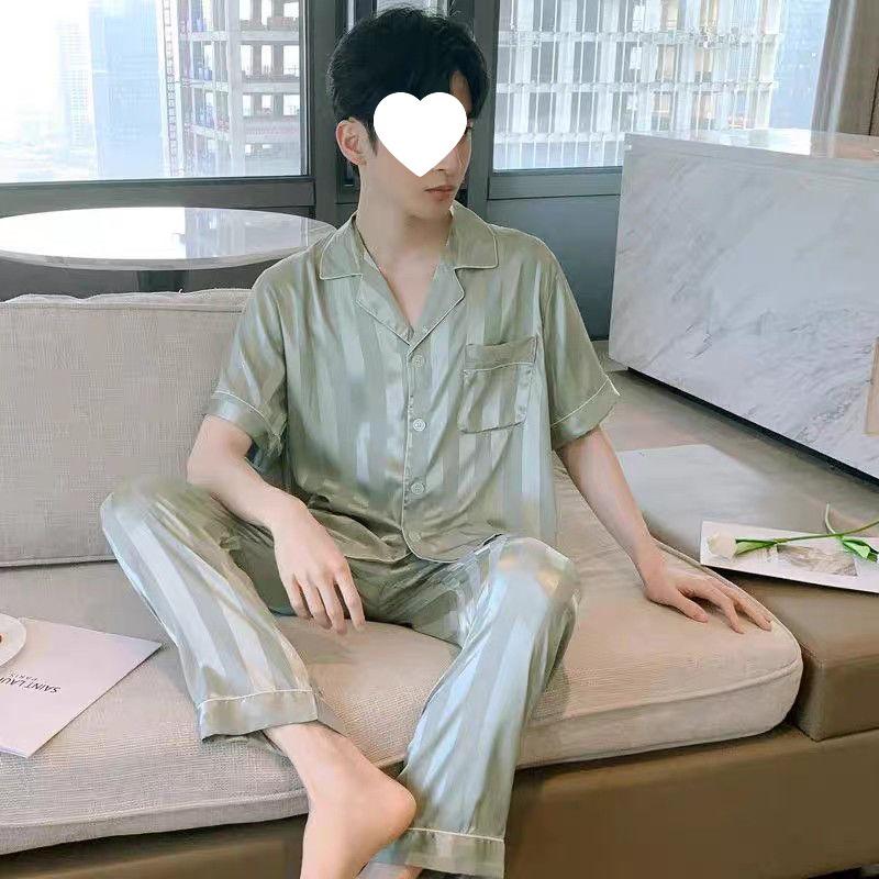 

Мужской летний пижамный комплект из ледяного шелка - Топ с коротким рукавом и длинные брюки L [48-57 kg]