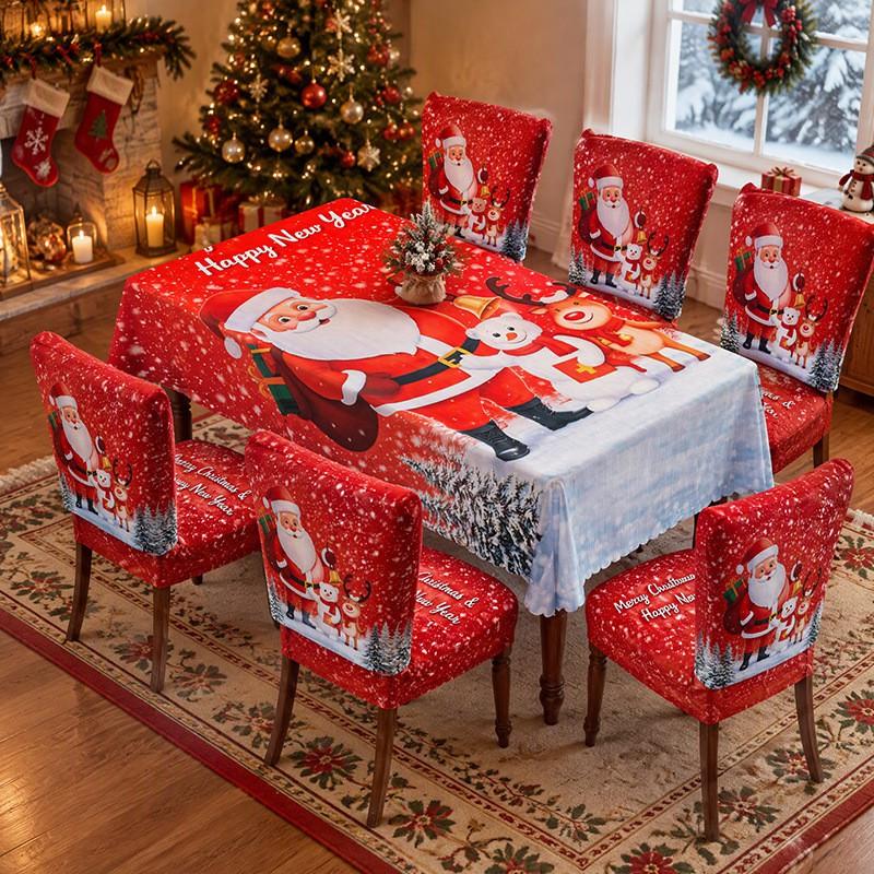 Christmas Chair Cover Tablecloth Set Stretch Santa Print Holiday Dinner Party Decor