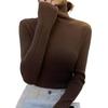 Suéter Feminino Gola Alta Manga Longa Ajustado Tricô Tops Cor Sólida Tecido Macio Elástico Tops de Base Uso Diário
